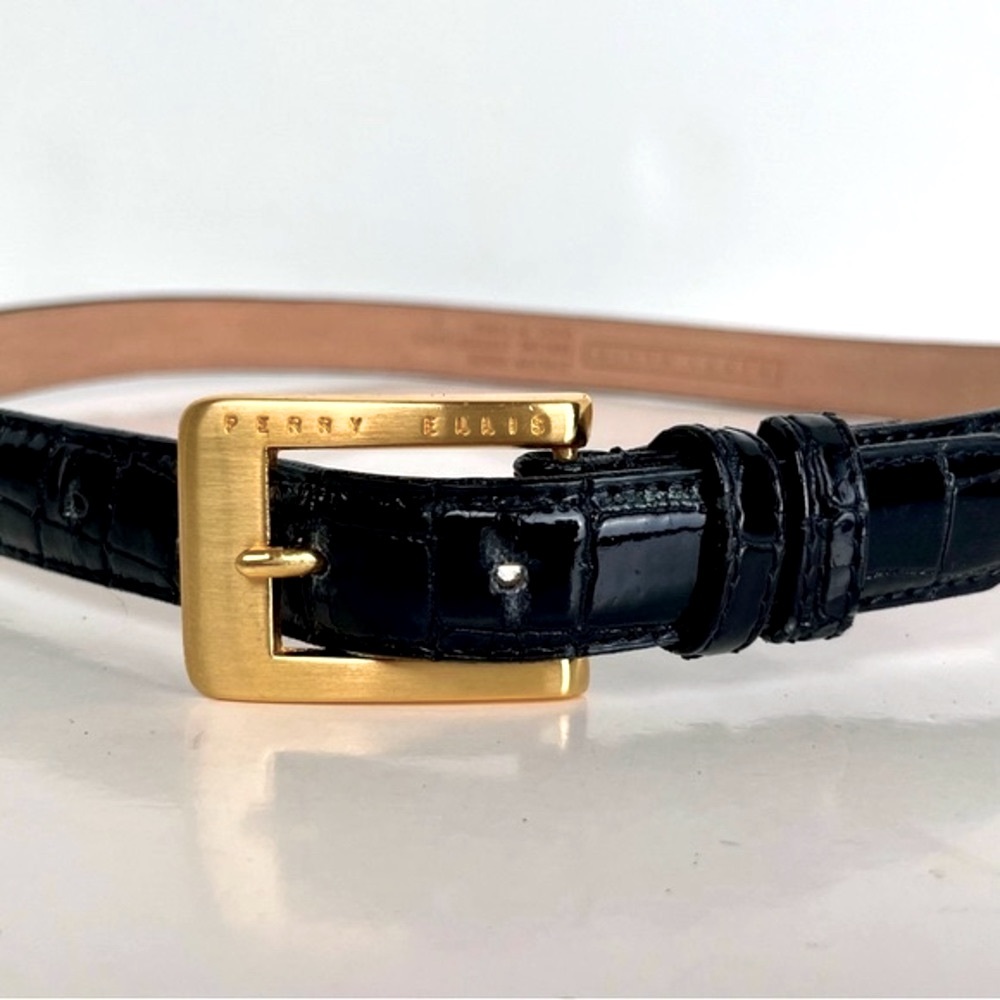 Perry Ellis Italian Croco Genuine Leather Belt Size L Black Gold Tone Buckle